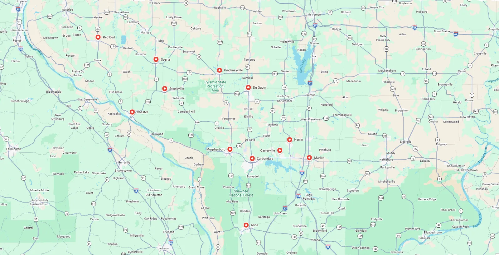 Map graphic showing Smith Heating service coverage around Steeleville and Southern Illinois